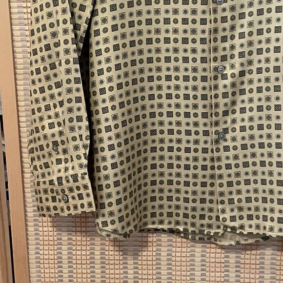 Tasso Elba Mens‎ XL Tan Button Up Shirt Long Sleeve Geometric Silk Blend Casual - Picture 3 of 11